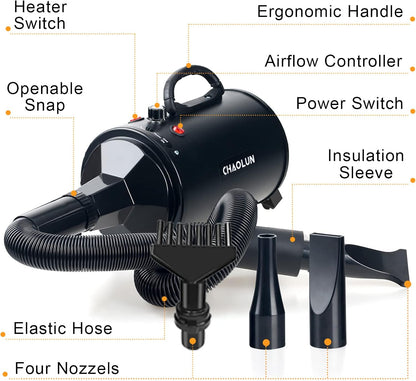 High Velocity Dog Grooming Dryer, Dog Blow Dryer, Pet Hair Dryer with Heater, Adjustable Speed, Black