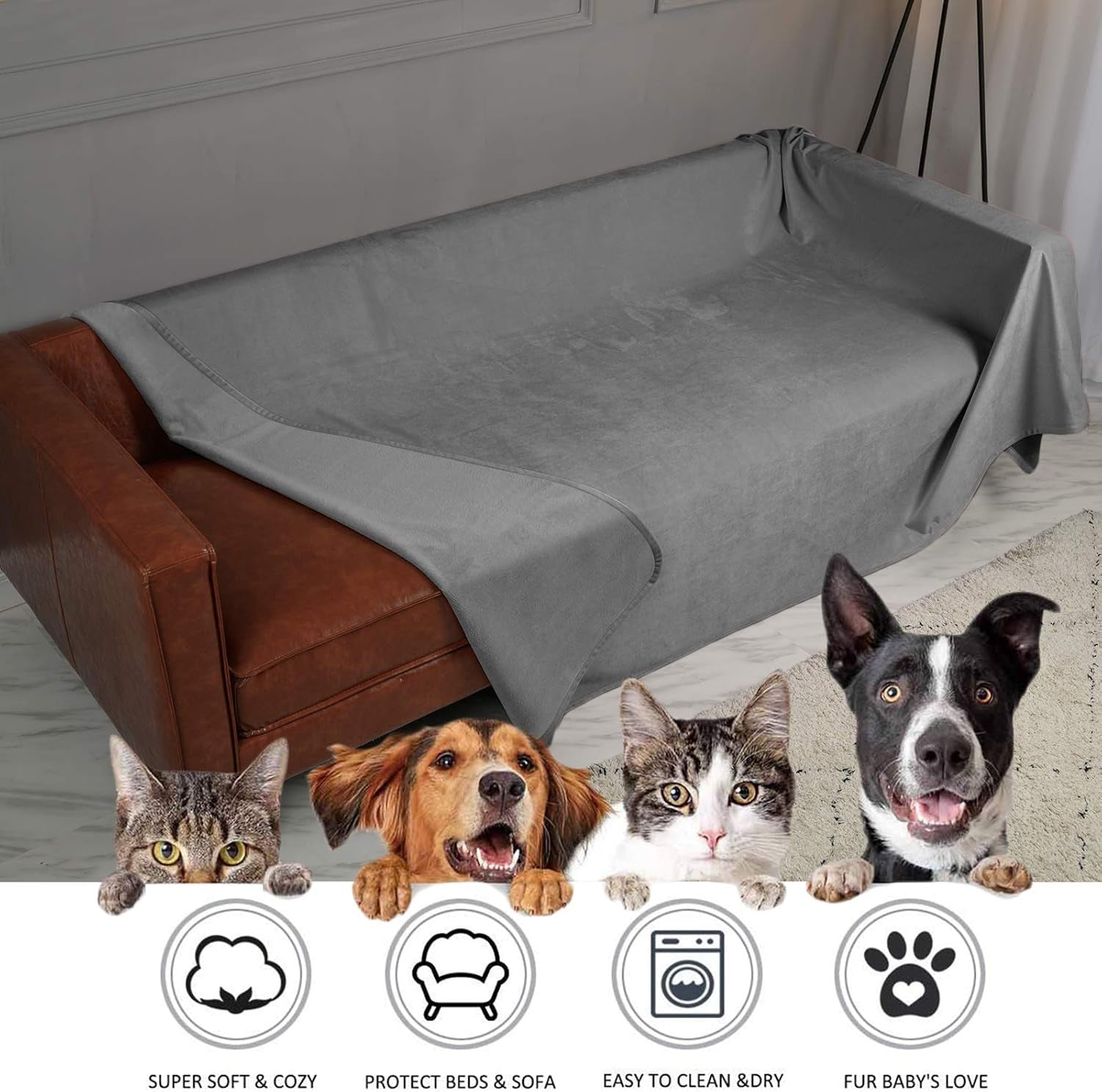 Reversible 100% Waterproof Velvet Pet Bed Blanket - Super Soft for Sofa and Bed (40x60 Inches, Light Grey & Grey)