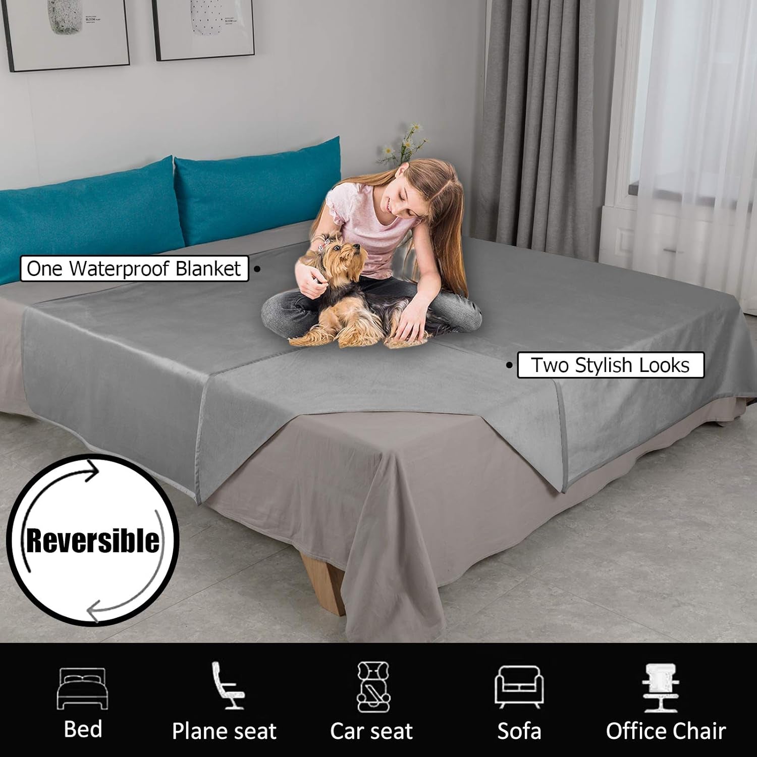 Reversible 100% Waterproof Velvet Pet Bed Blanket - Super Soft for Sofa and Bed (40x60 Inches, Light Grey & Grey)